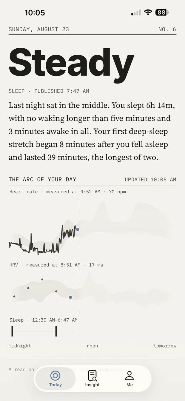 Bodinsi showing a daily reading titled “Steady” with heart rate, HRV, and sleep for the day.
