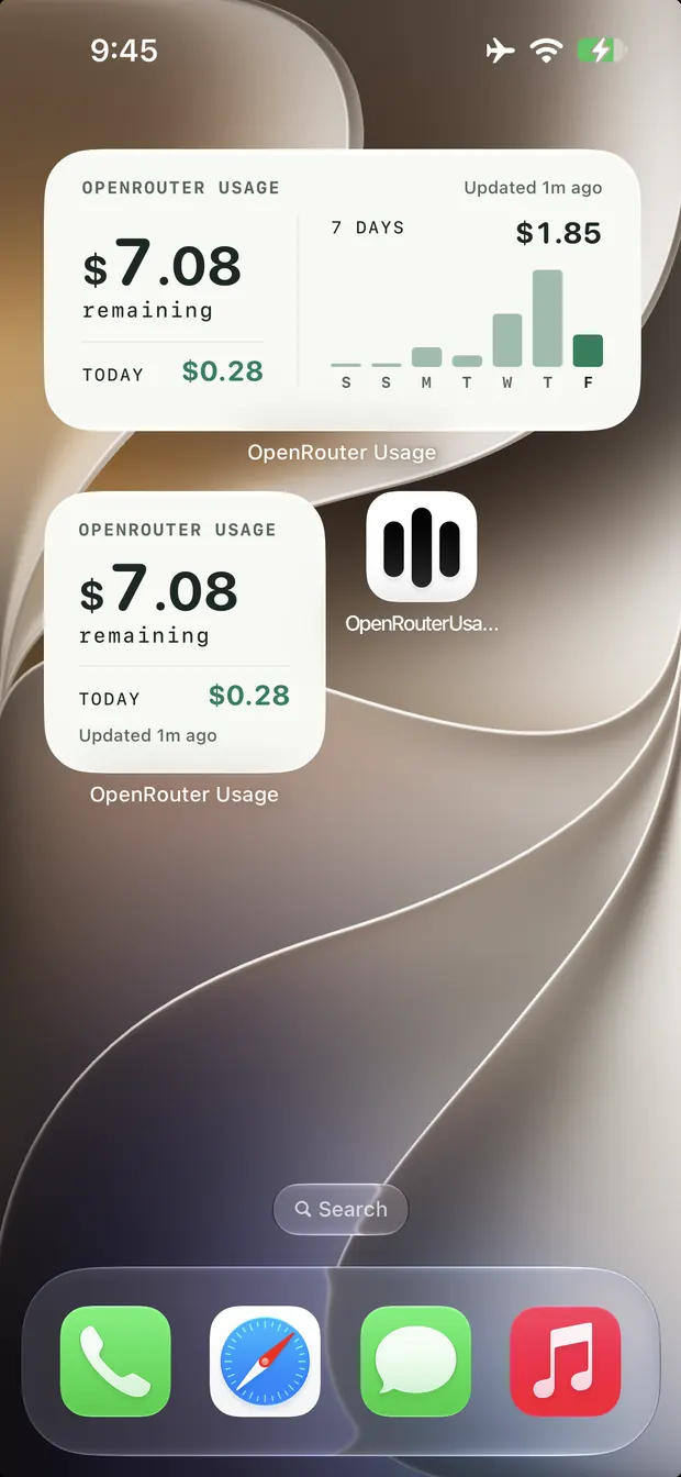 An iPhone Home Screen with OpenRouter Usage widgets in medium and small sizes, showing $7.08 remaining, $0.28 spent today, and a seven-day spend chart.
